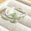 Detailed close-up of a cute green enamel and silver open ring, beautifully showcased. - Green Plant Style (JZ0351A)
