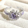 Sweet purple enamel flower open ring with sparkling zirconia, trendy stackable jewelry. - Purple Flower Style (JZ5142A)