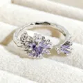 Exquisite silver open ring featuring a purple enamel flower and dainty crystal bee details. - Purple Flower Butterfly Style (JZ5159A)