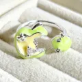 Close up detail of sweet cartoon fruit enamel open ring featuring green apple and zircon. - Green Apple Moon Star Style (JZ5377A)