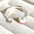 Sweet enamel strawberry open ring for women, stylish cute silver metal fruit jewelry detail. - White Strawberry Bud Style (JZ5388A)