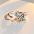 Feines mintgruenes Emaillierte Blumen Detail am offenen Silberring, filigraner Schmuck Nahaufnahme - Einstellbar Offen / Minzgrün Blumenranke Stil (JZ5128B)