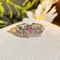 Exquisite silver open ring featuring a sparkling pink heart zirconia stone and delicate side details. - Adjustable Open / Pink Diamond Wing Style (JZ0136A)