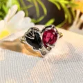 Detailed shot of a chic heart-shaped dual-color zircon open ring on white textured fabric. - Adjustable Open / Black Red Contrast Style (JZ1653A)