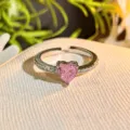 Pink heart zircon open ring detail showing sparkling crystal and silver adjustable band style. - Adjustable Open / Pink Diamond Micro Pave Style (JZ2413)