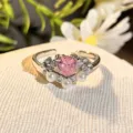 Exquisite pink heart cubic zirconia open ring with pearls and sparkling rhinestones. - Adjustable Open / Pink Diamond Pearl Unique Style (JZ3093A)