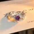 Detail shot of purple zircon floral open ring, sterling silver color, sparkling design. - Flower Snowflake Style (JZ0107A) / Adjustable Open