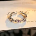 Exquisite silver-colored open ring featuring a delicate thorny vine design with purple zircon. - Vine Branch Shape Style (JZ3121A) / Adjustable Open