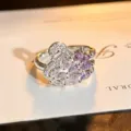 Detailed close-up view of the swan ring featuring purple and clear zirconia crystals. - Swan Shape Style (JZ3527A) / Adjustable Open