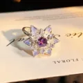 Exquisite purple zircon flower open ring detail close-up showcasing unique sparkle. - Purple Enamel Flower Style (JZ3633A) / Adjustable Open