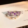 Silver open ring with purple cubic zirconia and bow detail, stylish stackable jewelry for women - Bow Flower Hollow Style (JZ4126A) / Adjustable Open
