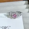 Exquisite floral cluster cubic zirconia open ring detail shot, delicate pink stone design. - Flower Pink Zirconia Style (JZ3275A) / Silver