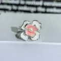 Enamel flower open ring for women sweet style silver tone jewelry stackable accessory - Adjustable Open / Double Layer Pink-White Enamel Flower Style (JZ2345A)
