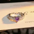 Detailed close-up view of the hollow heart-shaped purple zirconia open ring design. - Heart Vine Style (JZ6246) / Adjustable Open