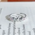 Silver open ring with bow and pink cubic zirconia, sweet and cool style for girls jewelry. - Rabbit Ear Heart Style (JZ0694A)