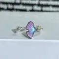 Close-up detail of the colorful enamel ginkgo butterfly open ring with sparkling zircon. - Adjustable Open / Pink-Blue Enamel Ginkgo Leaf Style (JZ2598A)