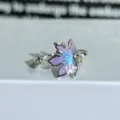 Detailed close-up view of the sterling silver open ring with purple enamel maple leaf and zirconia. - Adjustable Open / Purple-Blue Gradient Enamel Maple Leaf Style (JZ3832A)