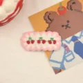 Cute handmade knitted cherry hair clip for kids. Sweet candy color winter hair accessory. - Pink Cherry