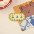Cute knitted hair clip with red tulip embroidery, green edges, sweet woolen BB clip for girls. - Green Small Floral