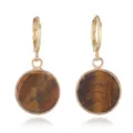 Detail view of vintage gold leverback earrings featuring natural tiger eye stone round pendants. - Tiger Eye (8)