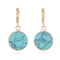 Detailed view of vintage turquoise round earrings with gold metal rim and lever back. - Turquoise (7)