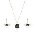 Close-up details of the Halloween spiderweb necklace and spider earrings jewelry set. - Black