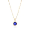 Close-up of gold-plated clavicle chain with a round blue gemstone pendant detail. - Gold September