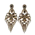 Boucles d'oreilles pendantes en strass noir ton or lustre floral pompon longue mode - Argenté / Zircon Noir