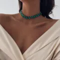 Green rhinestone choker necklace for women, stylish square crystal statement collar jewelry. - Green Zircon / Single-Layer Necklace in Silver
