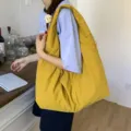 Japanese style casual large yellow tote shoulder bag, commuter slouchy fabric daily handbag. - Yellow