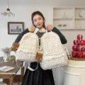 Korean style cute lace bow school backpack with cute bear pendant for daily student use main view - White