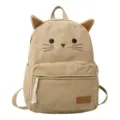 Zaino da scuola in velluto a coste con design a gatto ricamato e pratica tasca frontale. - Kaki