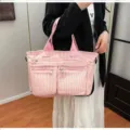 Pink corduroy tote bag multi-pocket shoulder handbag casual daily use practical detail view - Pink