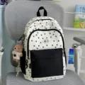 Black and white star backpack variant, cute student school bag with bear pendant. - Black + Dressed Bear Pendant