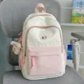 Cute pink star print canvas backpack for school girls, casual aesthetic school bookbag with pockets - Pink + Dressed Bear