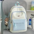Cute color-block star backpack for women and students, stylish casual daily school bag. - Blue + Dressed Bear Pendant