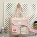 Cute polka dot canvas shoulder bag with multi pockets, lightweight and spacious design. - Bag Only (No Charm) / Pink