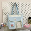 Cute polka dot canvas tote bag, large capacity shoulder and crossbody bag for daily use. - Bag Only (No Charm) / Light Blue