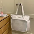 Borsa tote Ita beige di grande capacità con tracolla e finestra di visualizzazione trasparente. - Grigio