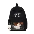 Zaino ita nero giapponese con ricamo fiocco e tasca trasparente per bambola kawaii - Borsa Singola Senza Accessori / Nero