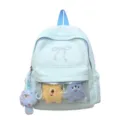 Zaino azzurro carino con ricamo a fiocco e tasca trasparente con mostriciattoli di peluche. - Borsa Singola Senza Accessori / Blu Chiaro Piccolo