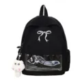 Zaino Ita nero stile giapponese con fiocco elegante e ciondolo in peluche di gatto - Borsa Singola Senza Accessori / Nero Piccolo