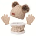 Conjunto de gorro de punto guantes y bufanda forrada para ninos vista de detalle - Beige