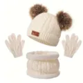 Conjunto de gorro bufanda y guantes de invierno para niños cálido forrado 3 piezas - Blanco