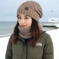 Conjunto de gorro y bufanda de punto para mujer de invierno gorro térmico para clima frío exterior - Caqui