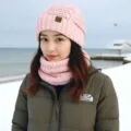 Conjunto de gorro y bufanda de punto rosa para mujer, gorro de invierno cálido y cuello. - Rosa