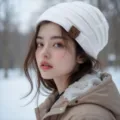 Close-up detail of a white fleece-lined knit beanie hat worn outdoors in winter snow scene. - Pure White