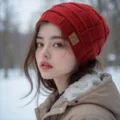 Close-up detail of the red knit winter beanie, showing soft wool texture and cute label accent. - Mixed Wine Red