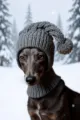 Cozy grey knitted pet hat with chunky cable pattern and pompom for winter outdoor pets detail. - S / Gray