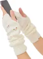 Knit arm warmers fingerless gloves cute heart winter warm long sleeves thumb hole apparel - One Size / White